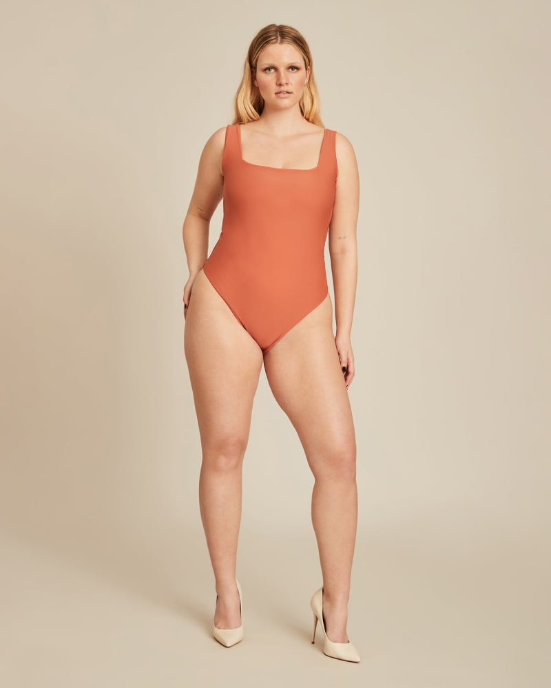 Front of a model wearing a size 16 Run To Paradise One Piece in NUDE by Saint Somebody. | dia_product_style_image_id:225851